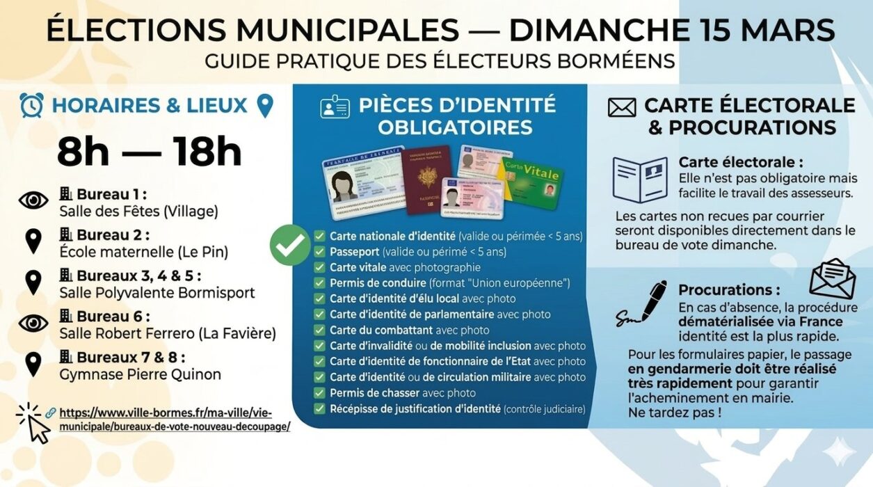 L'image illustre l'article en reprenant visuellement tous les éléments : les horaires, les lieux les pièces d'identité, les informations pour les cartes électorales et les procurations.
